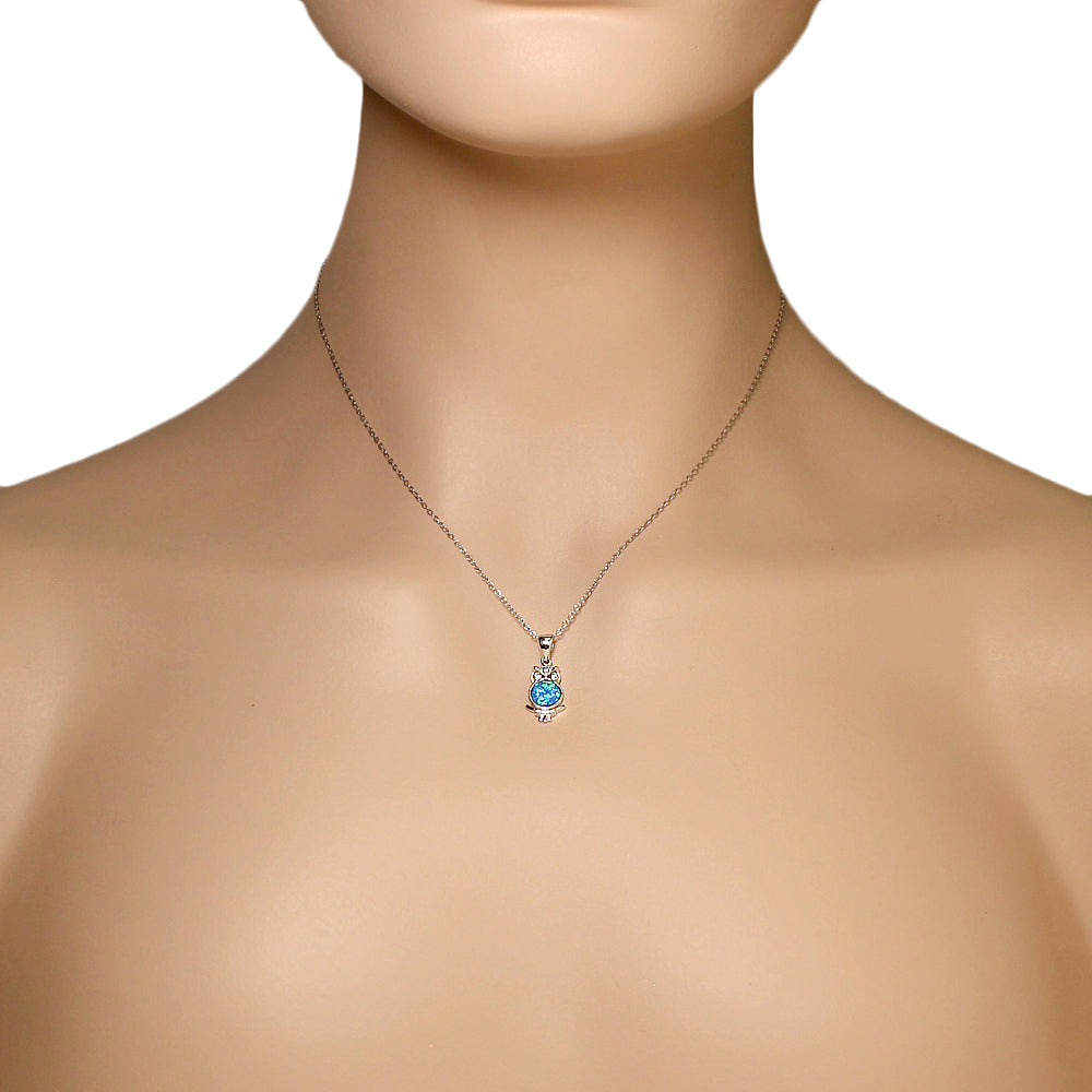 925 Sterling Silver Blue Turquoise-Tone Simulated Opal White CZ Owl Pendant Necklace