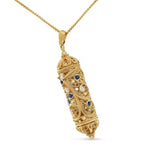 My Daily Styles Gold Tone Plated Mezuzah Pendant Necklace with Blue & White CZ Stones – Jewish Mezuzah Scroll Pendant with Filigree Design – Elegant Judaica Jewelry