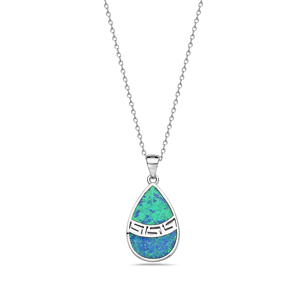 925 Sterling Silver Blue Turquoise-Tone Simulated Opal Teardrop Pendant Necklace