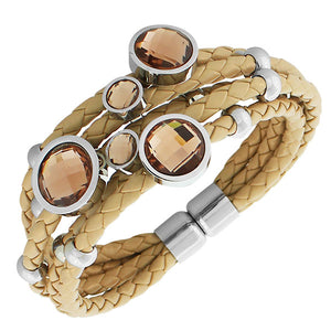 Fashion Alloy Brown Faux PU Leather Silver-Tone CZ Love Heart Multi-Row Layer Bracelet