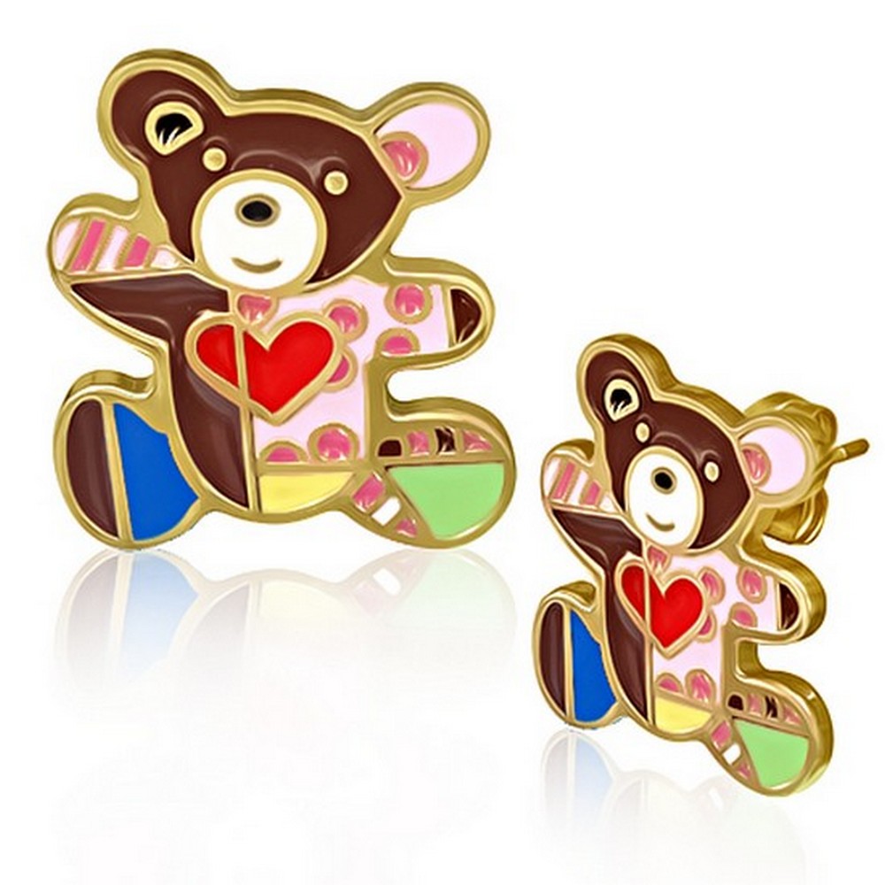 Stainless Steel Yellow Gold-Tone Large Bear Multicolor Love Heart Stud Earrings