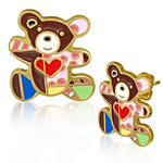 Stainless Steel Yellow Gold-Tone Large Bear Multicolor Love Heart Stud Earrings