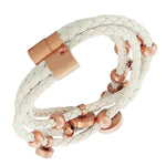 Fashion Alloy White Faux PU Leather Rose Gold-Tone Black Stones Multi-Row Layer Bracelet