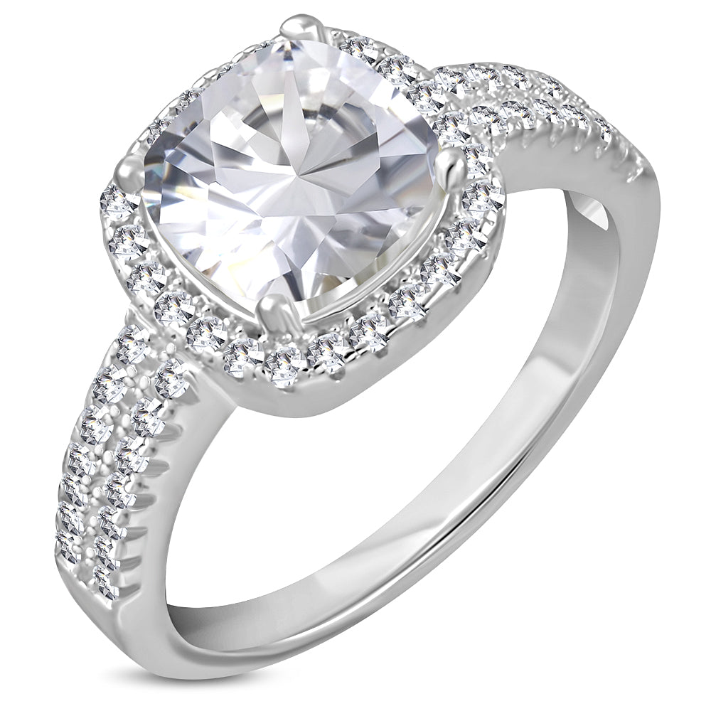 925 Sterling Silver CZ Cushion Cut Halo Engagement Ring