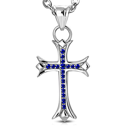 Stainless Steel Silver-Tone Religious Cross Clear White CZ Pendant Necklace