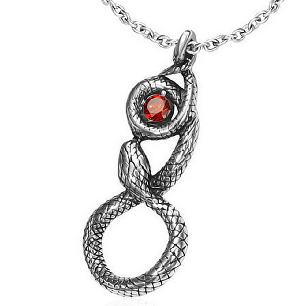 Stainless Steel Silver-Tone Large Mens Snake Charm Pendant Red