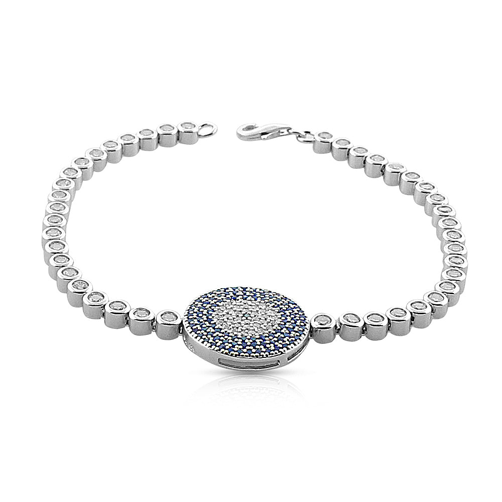 Sterling Silver White Blue Bezel-Set CZ Evil Eye Womens Tennis-Bracelet