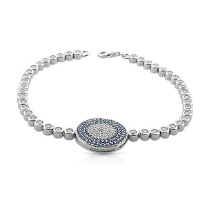 925 Sterling Silver White Blue Bezel-Set CZ Evil Eye Womens Tennis-Bracelet