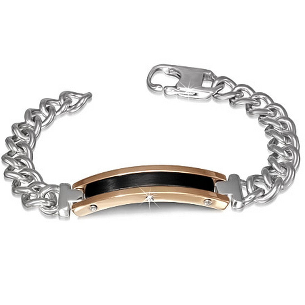 Stainless Steel Silver Black Rose Gold-Tone Mens Link Chain Bracelet