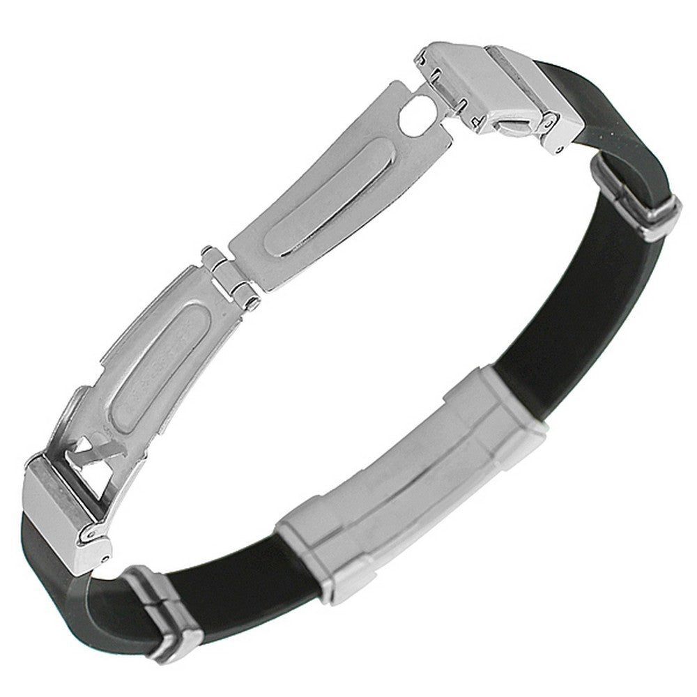 Stainless Steel Black Rubber Silicone Two-Tone Greek Key Men's Bracelet