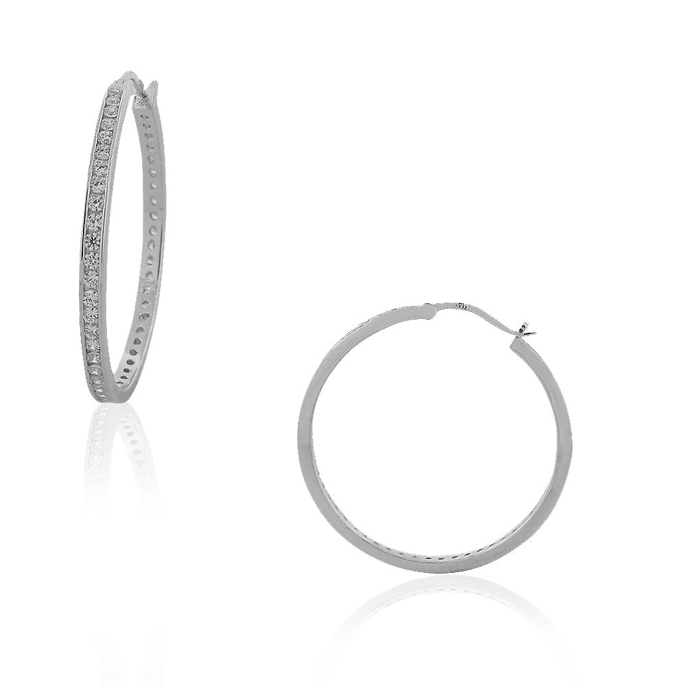 925 Sterling Silver White Clear CZ Hoop Earrings 1.60"