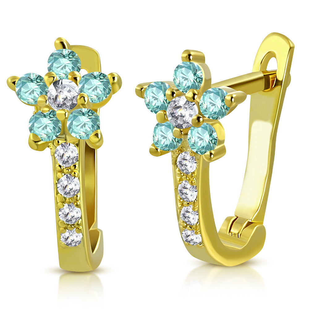925 Sterling Silver Yellow Gold-Tone Aquamarine-Tone CZ Small Girls Hoop Huggie Flower Floral Earrings, 0.5"