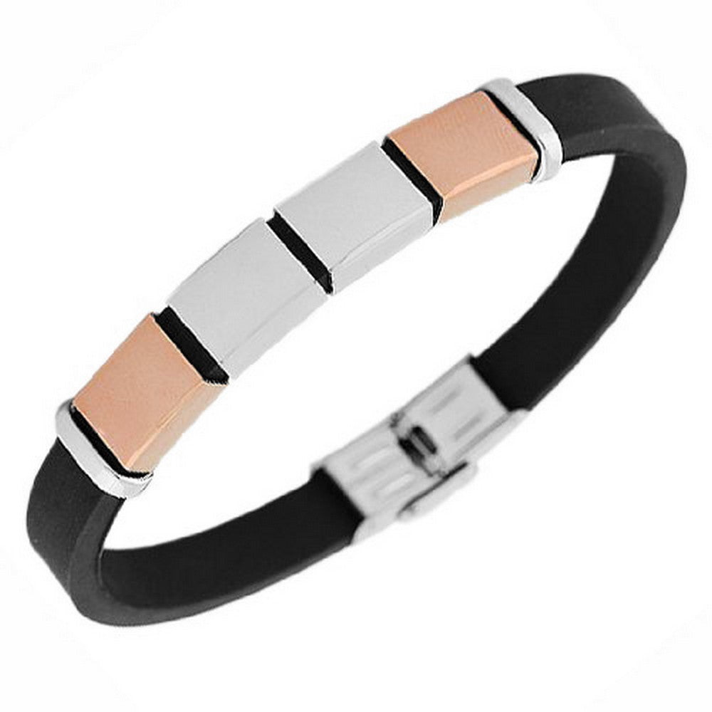 Stainless Steel Black Rubber Silicone Two-Tone Men's Bracelet