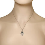 925 Sterling Silver Evil Eye Hamsa White Blue CZ Filigree Womens Pendant Necklace