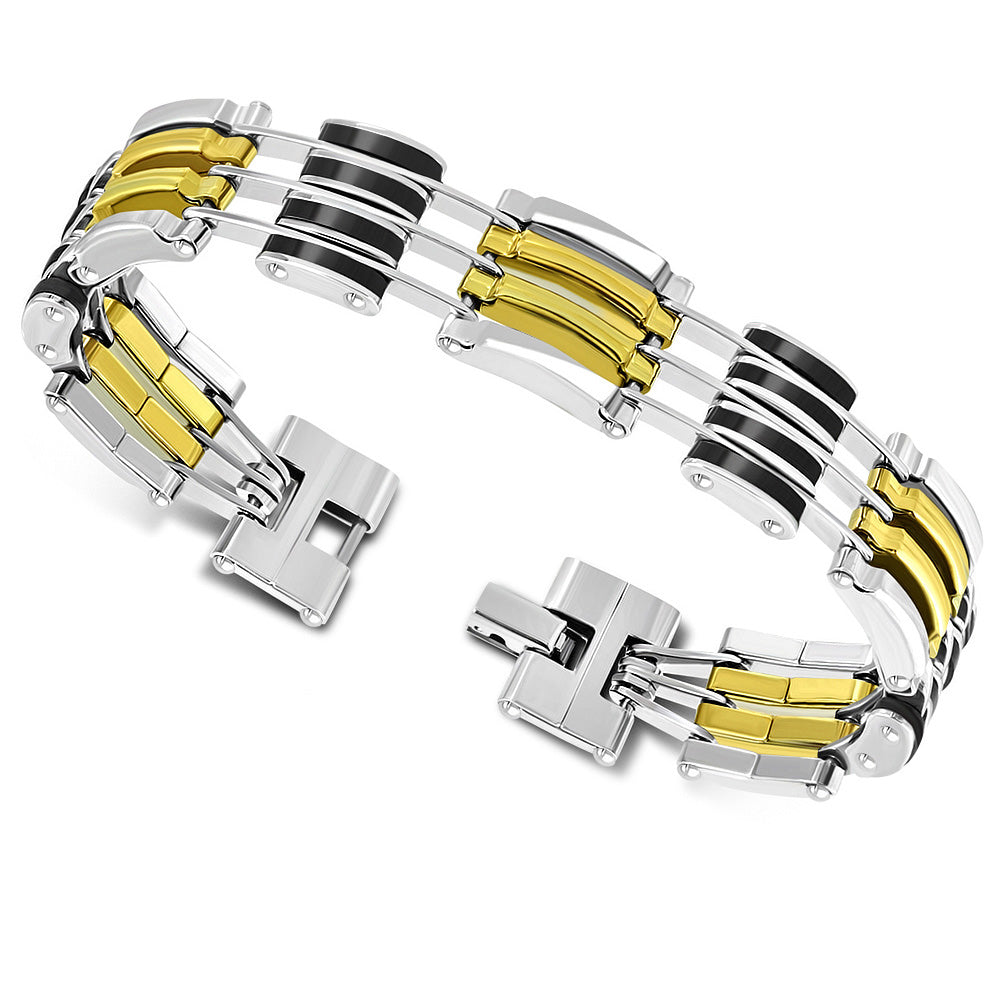 Stainless Steel Silver Gold Black Tri-color Link Chain Men's Bracelet, 8.75"