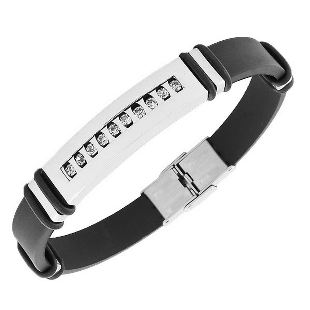 Stainless Steel Black Rubber Silicone Silver-Tone White CZ Mens Bracelet