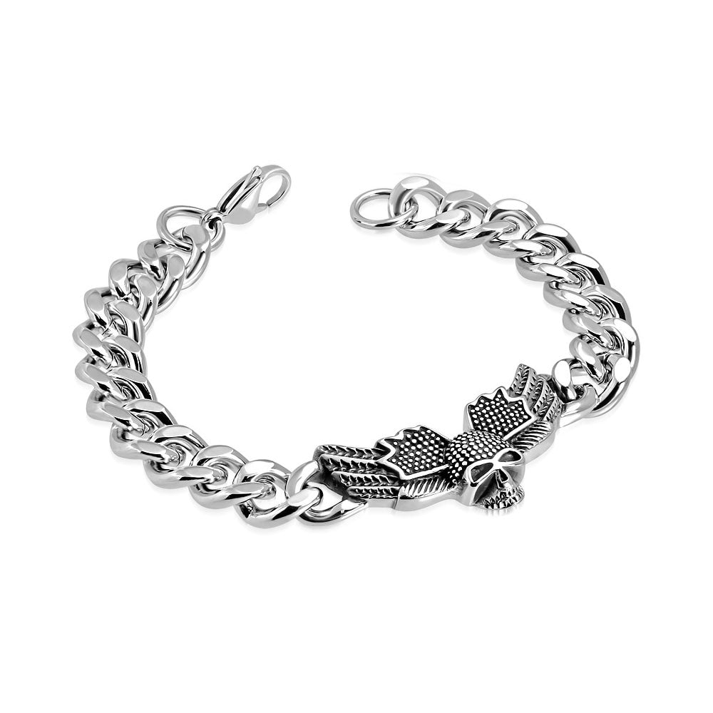 Stainless Steel Silver-Tone Skull Link Chain Mens Bracelet