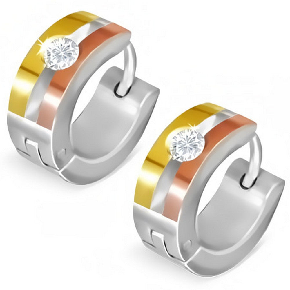 Stainless Steel Yellow Rose Gold-Tone White CZ Womens Hoop Huggie Earrings