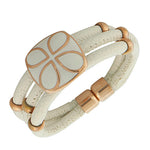 White Faux PU Leather Rose Gold-Tone Multi-Row Womens Wristband Bracelet