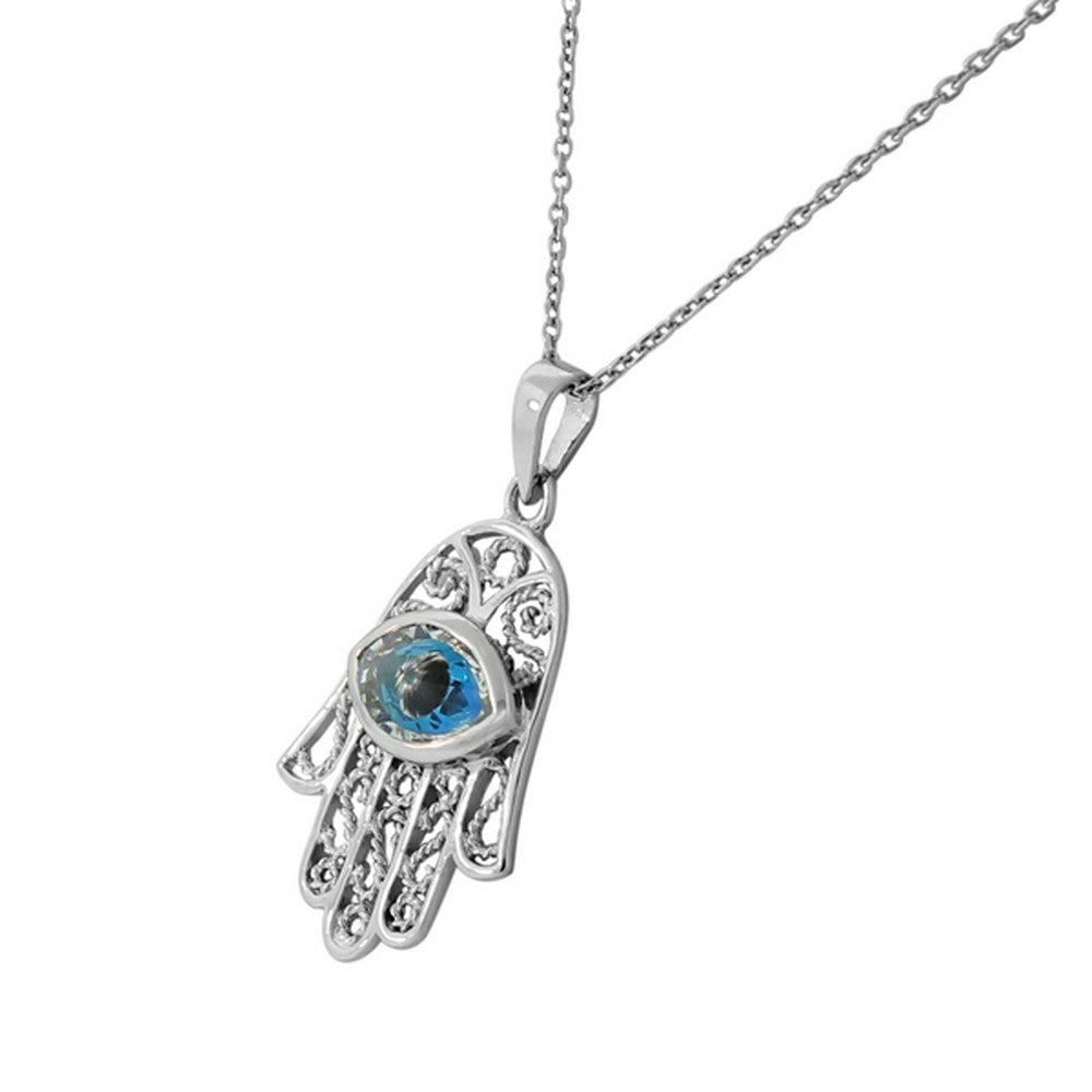 925 Sterling Silver Evil Eye Hamsa White Blue CZ Filigree Womens Pendant Necklace