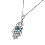 925 Sterling Silver Evil Eye Hamsa White Blue CZ Filigree Womens Pendant Necklace