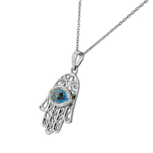 925 Sterling Silver Evil Eye Hamsa White Blue CZ Filigree Womens Pendant Necklace