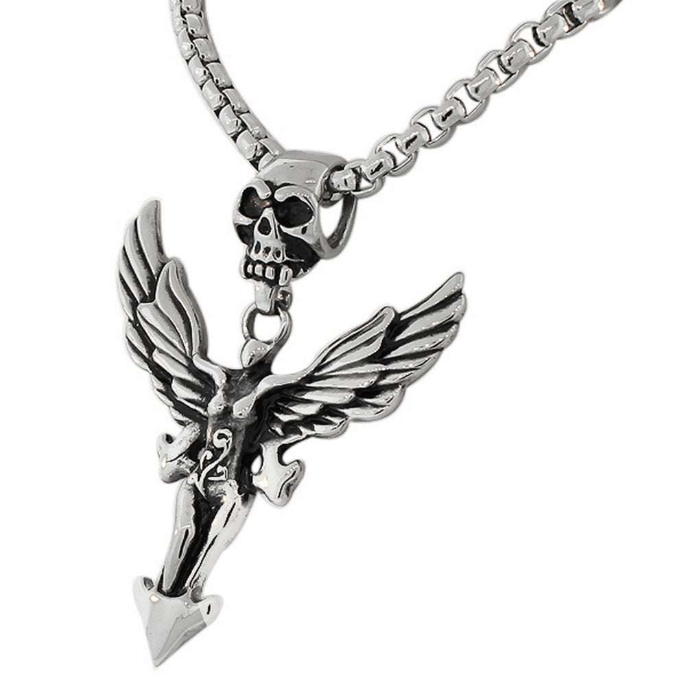 Stainless Steel Silver-Tone Large Mens Link Chain Scull Head Wings Woman Necklace Pendant