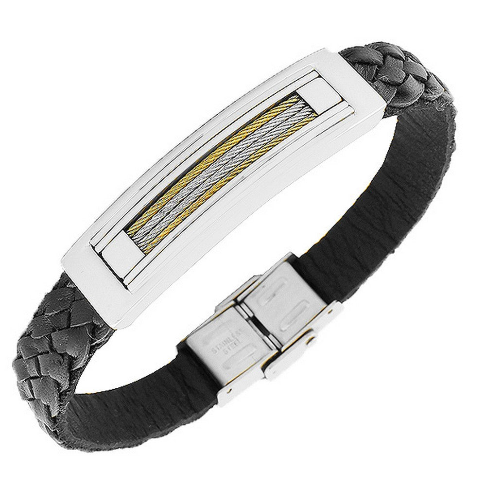 Stainless Steel Black Leather Men's Bracelet