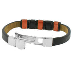 Stainless Steel Black Leather Bronze-Tone Silver-Tone Men's Bracelet