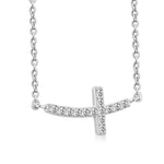 925 Sterling Silver Womens Sideways Religious Cross White CZ Pendant Necklace