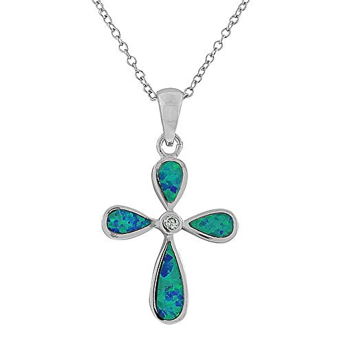 Opal Inlay Cross Necklace Pendant Sterling Silver