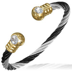 Stainless Steel Black Silver-Tone Twisted Cable CZ Womens Cuff Bangle