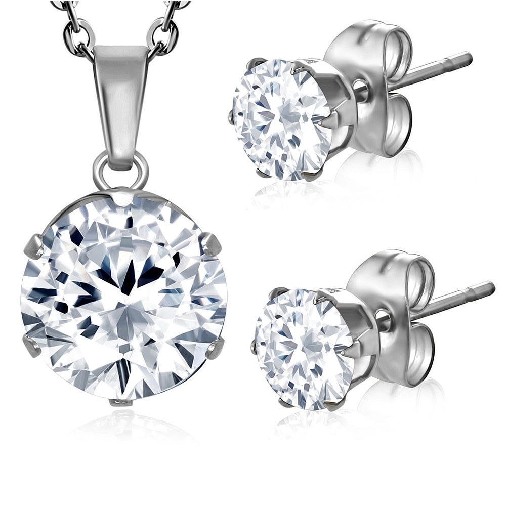 Stainless Steel Silver-Tone Solitaire White CZ Pendant Necklace Stud Earrings Set