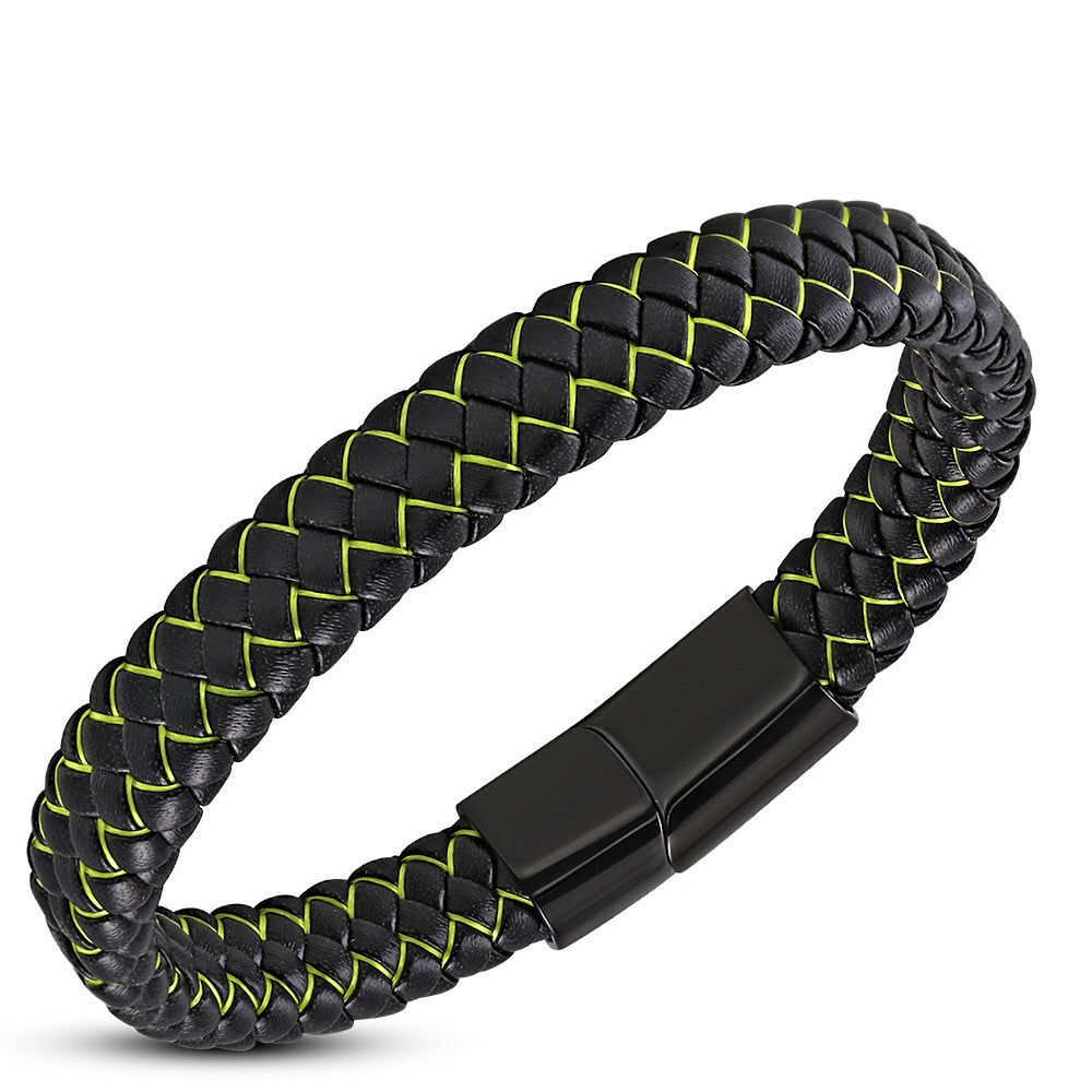 Stainless Steel Yellow Green Black Braided Leather Mens Cuff Bracelet