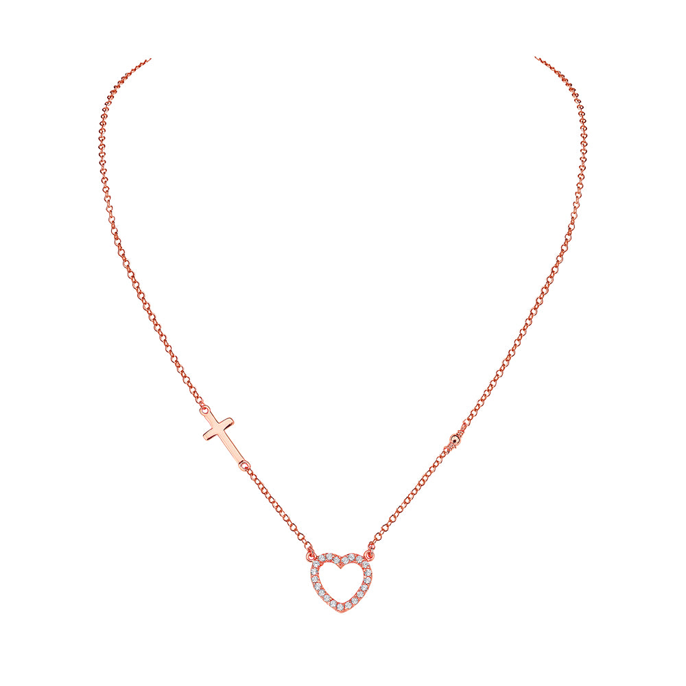 925 Sterling Silver Rose Gold-Tone Love Heart Cross Charm White CZ Pendant Necklace