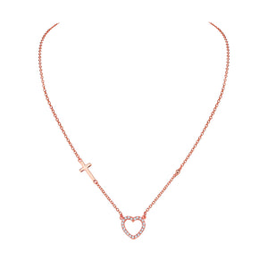 925 Sterling Silver Rose Gold-Tone Love Heart Cross Charm White CZ Pendant Necklace
