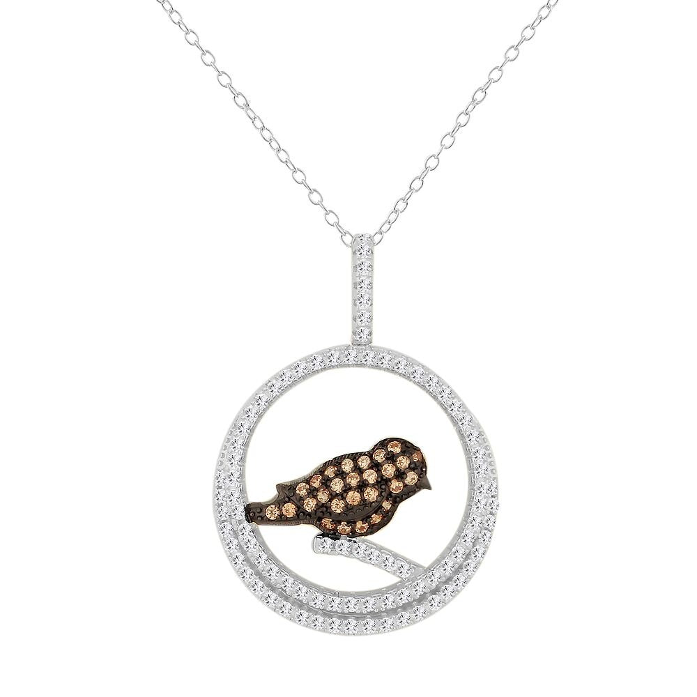 925 Sterling Silver White Clear Brown CZ Bird Circle of Life Pendant Necklace