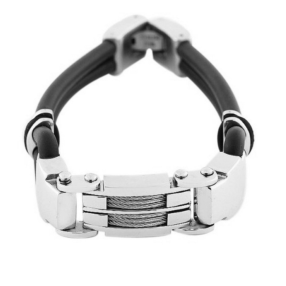 Stainless Steel Black Rubber Silicone Black Silver-Tone Men's Bracelet