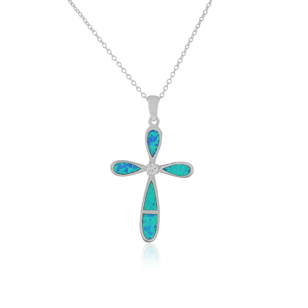 Blue Opal Clear CZ Religious Cross Pendant Necklace