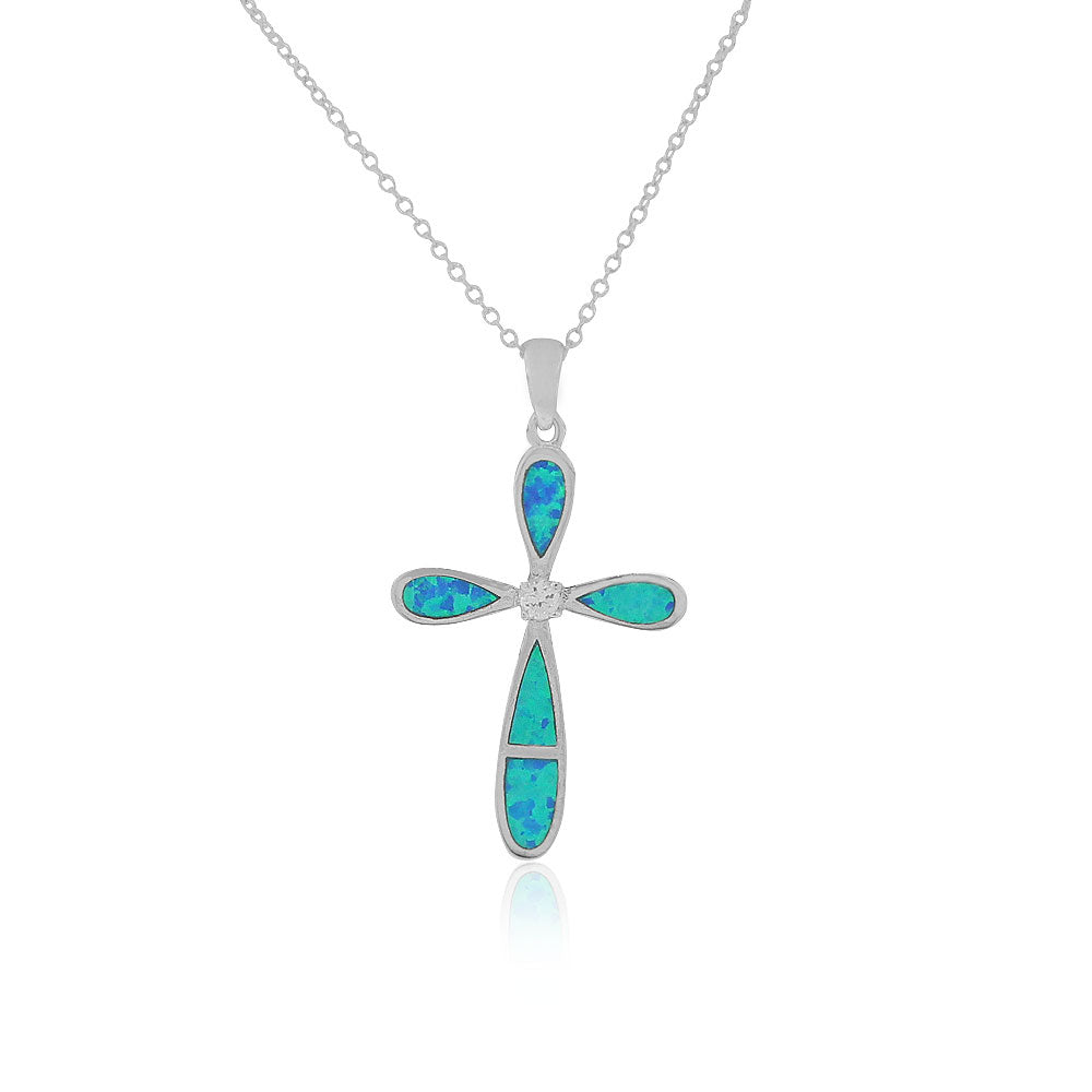 925 Sterling Silver Simulated Blue Opal Clear CZ Religious Cross Pendant Necklace