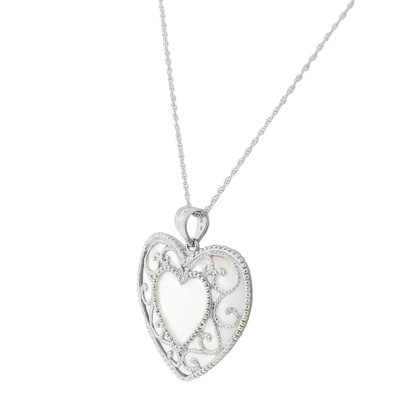 Mother of Pearl Filigree Heart Necklace Pendant Sterling Silver