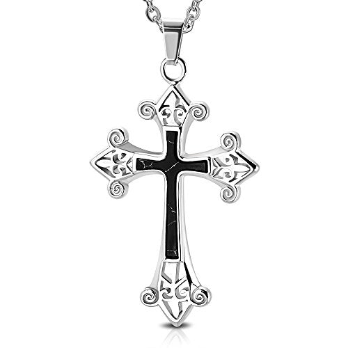 Stainless Steel Silver-Tone Red Large Statement Religious Cross Pendant Necklace