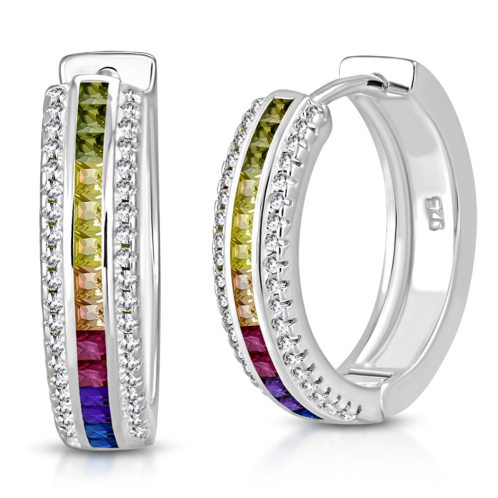 925 Sterling Silver Rainbow CZ Hoop Earrings