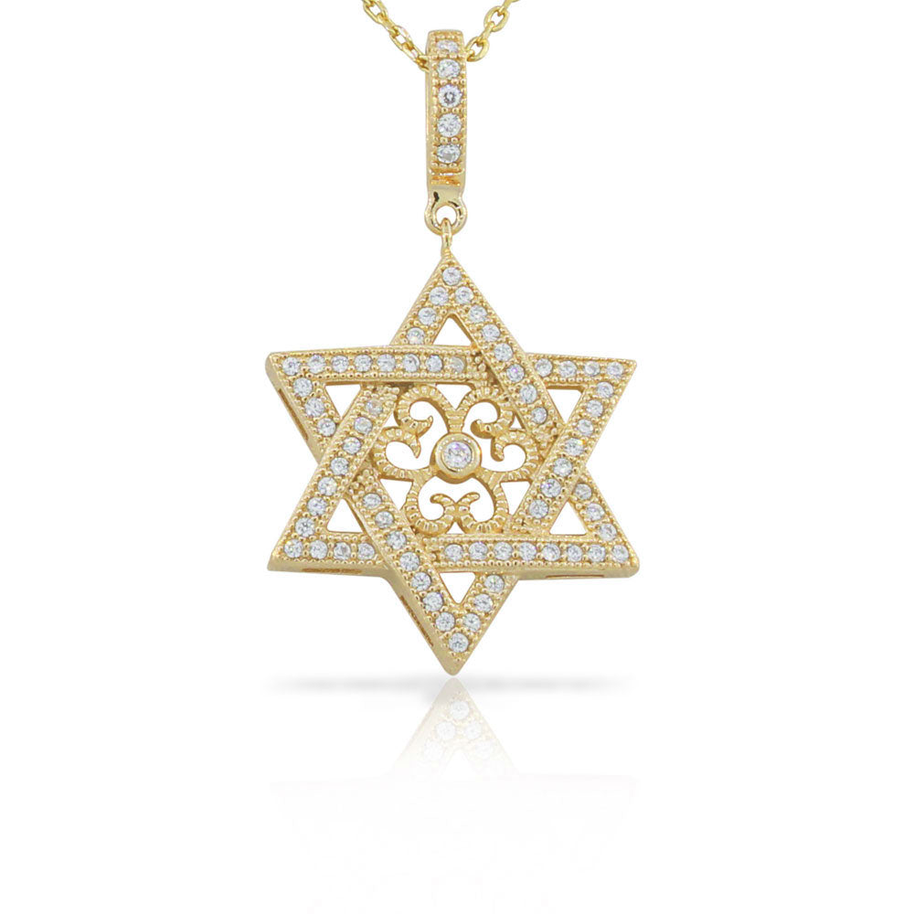 Gold Filigree and Cubic Zirconia Star of David Necklace Pendant Sterling Silver