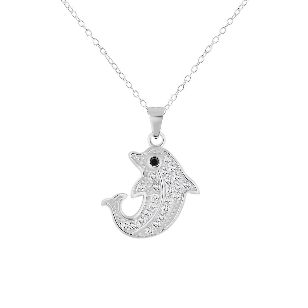 925 Sterling Silver White Clear Black CZ Dolphin Pendant Necklace, 18"