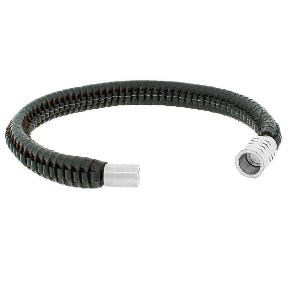 Stainless Steel Brown Leather Silver-Tone Wristband Bracelet