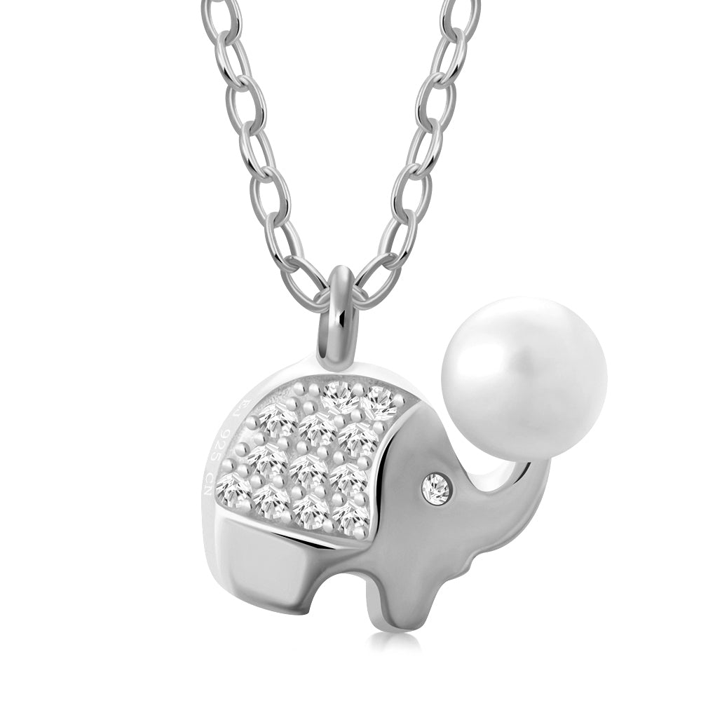 My Daily Styles Adorable 925 Sterling Silver Small Elephant CZ and Simulated Pearl Pendant Necklace - 18" Silver Chain