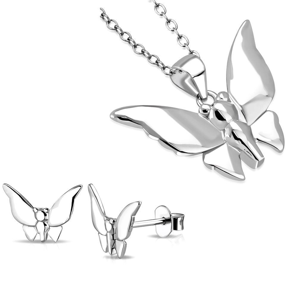925 Sterling Silver Polished Butterfly Pendant Necklace Stud Earrings Jewelry Set, 18"