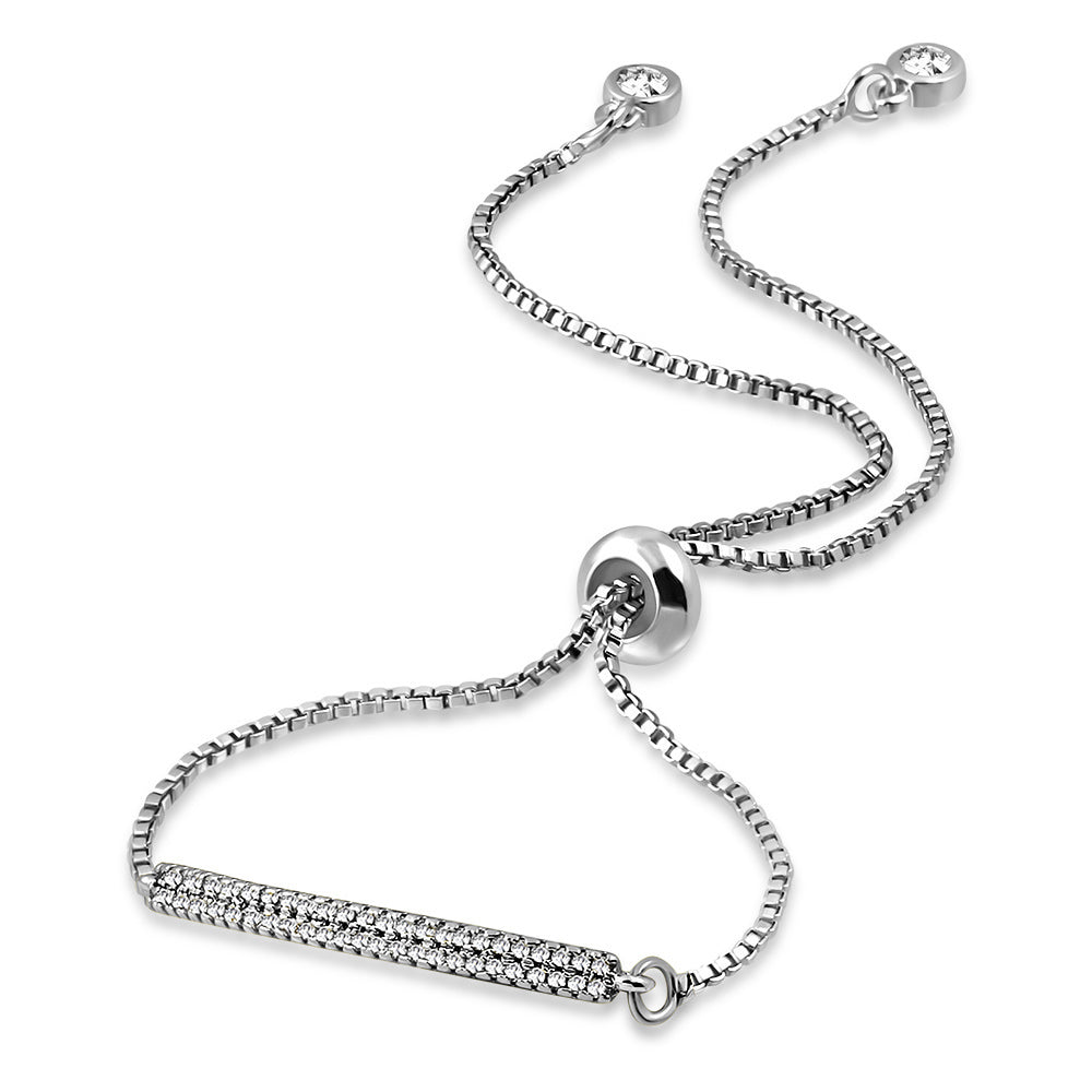 Stainless Steel Clear CZ Bar Adjustable Chain Bracelet, 9"