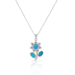 925 Sterling Silver Blue Simulated Opal CZ Large Statement Flower Pendant Necklace